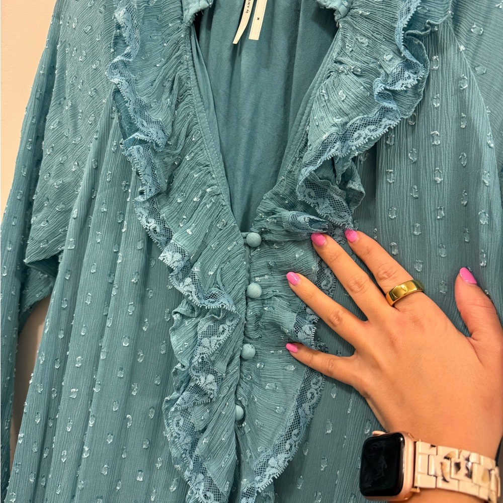 Anthropologie Teal Ruffled Blouse - Picture 3 of 4